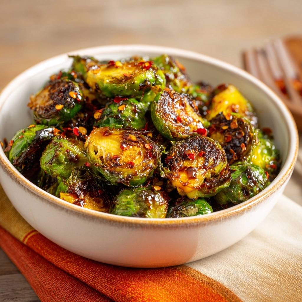 Crispy chili roasted Brussels sprouts shown in a close-up view within a white bowl, sprinkled with red pepper flakes.