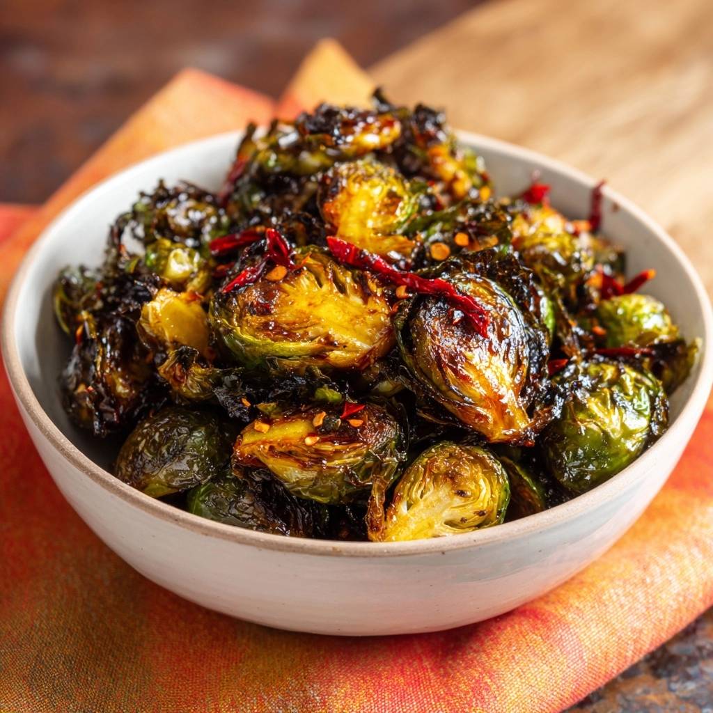 Crispy chili roasted Brussels sprouts shown in a close-up view, highlighting their roasted texture and red chili flakes.