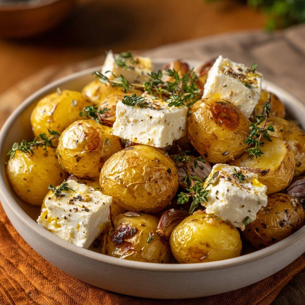 Crispy feta roasted baby potatoes topped with cubed feta cheese and fresh herbs in a bowl.