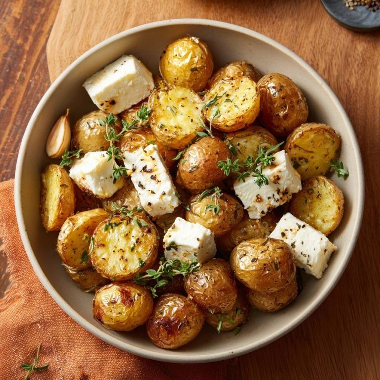 Crispy feta roasted baby potatoes shown in a bowl with fresh thyme and a garlic clove.