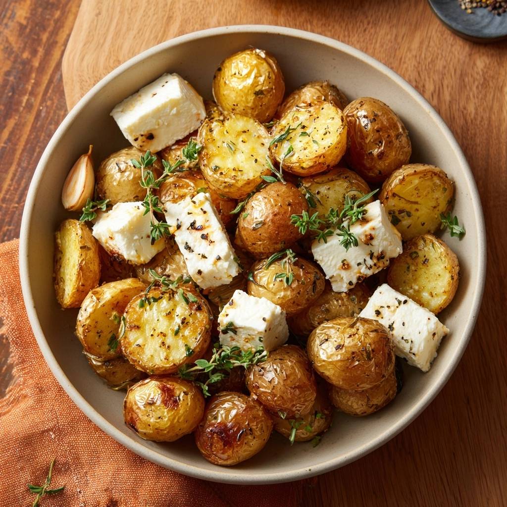 Crispy feta roasted baby potatoes shown in a bowl with fresh thyme and a garlic clove.