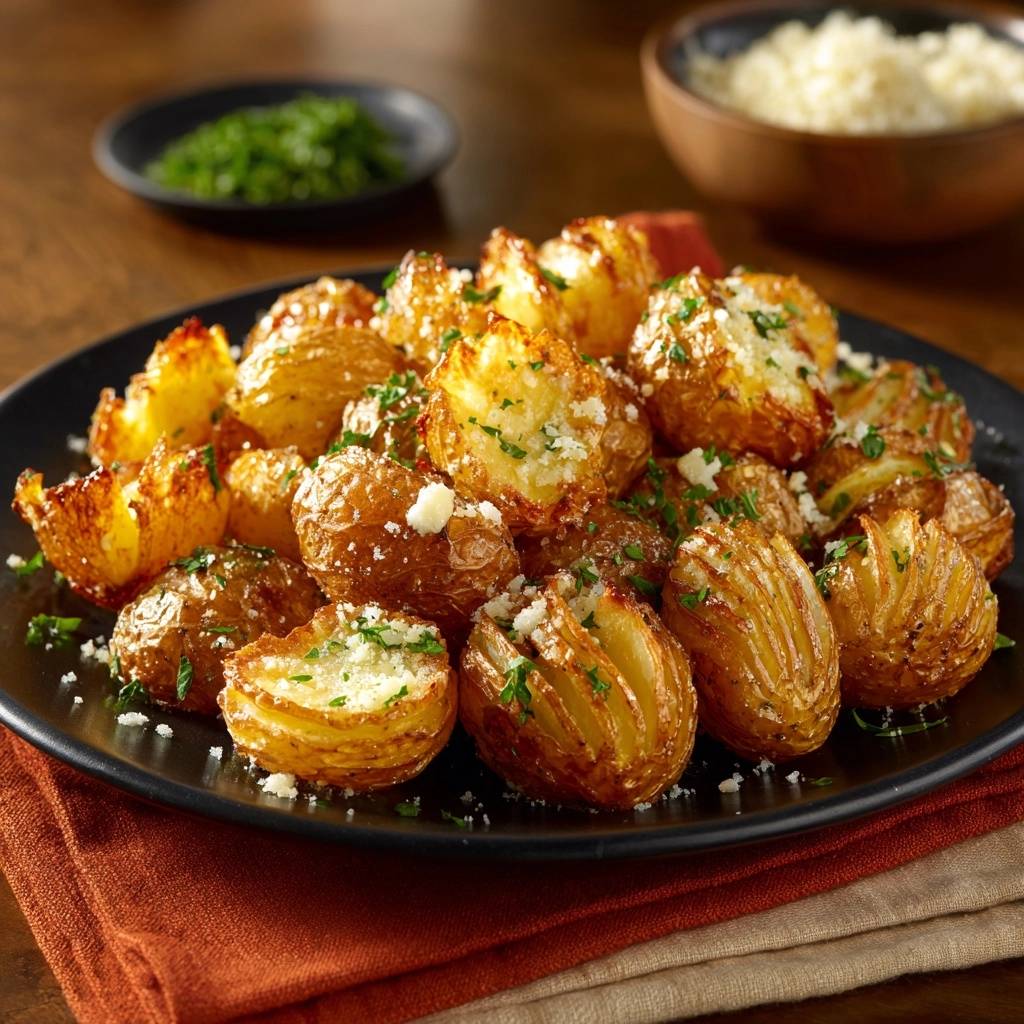 Crispy garlic parmesan baby potatoes are presented on a black plate, with a close-up view highlighting their textured skins and cheesy topping.