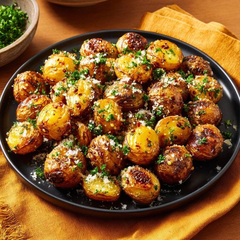 Crispy garlic parmesan baby potatoes plated and generously sprinkled with fresh parsley and grated cheese.