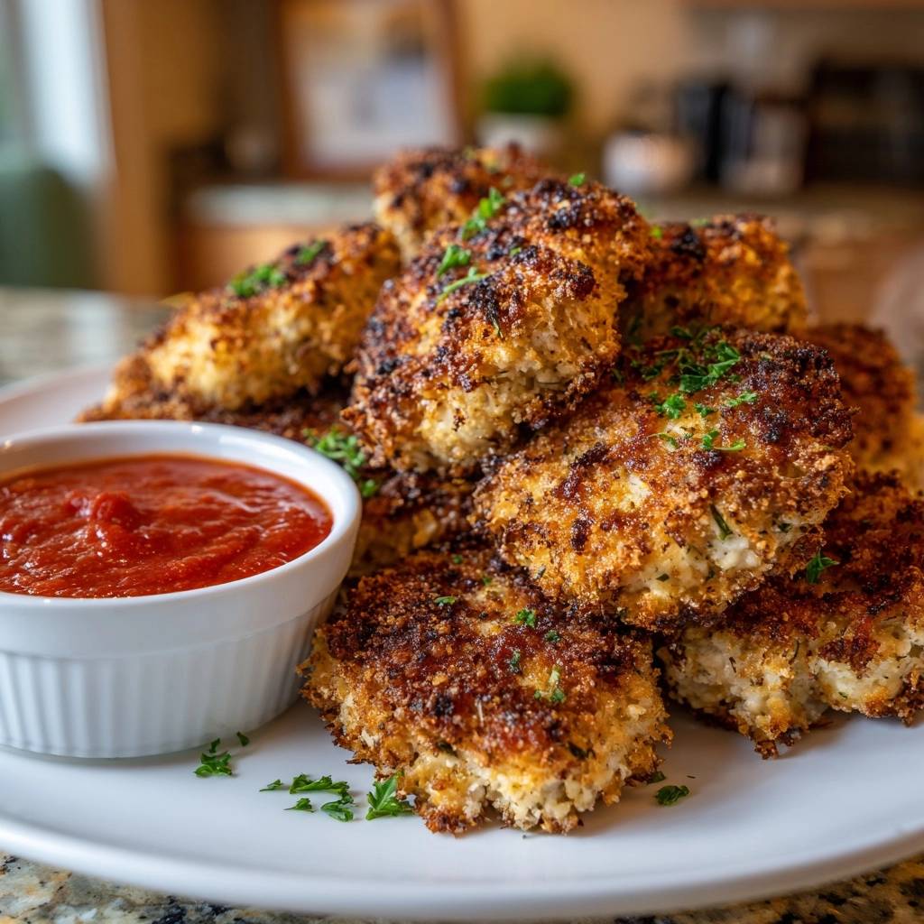 Crispy herb arancini plated with a side of marinara sauce and garnished with parsley.