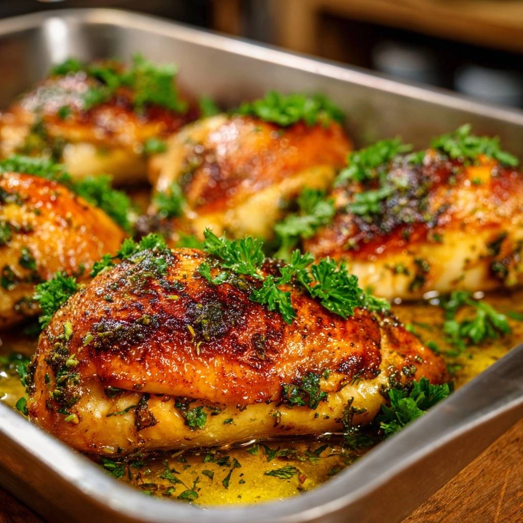 Crispy herb roasted chicken thighs in a baking pan, showing a close-up of the tender meat and flavorful juices.