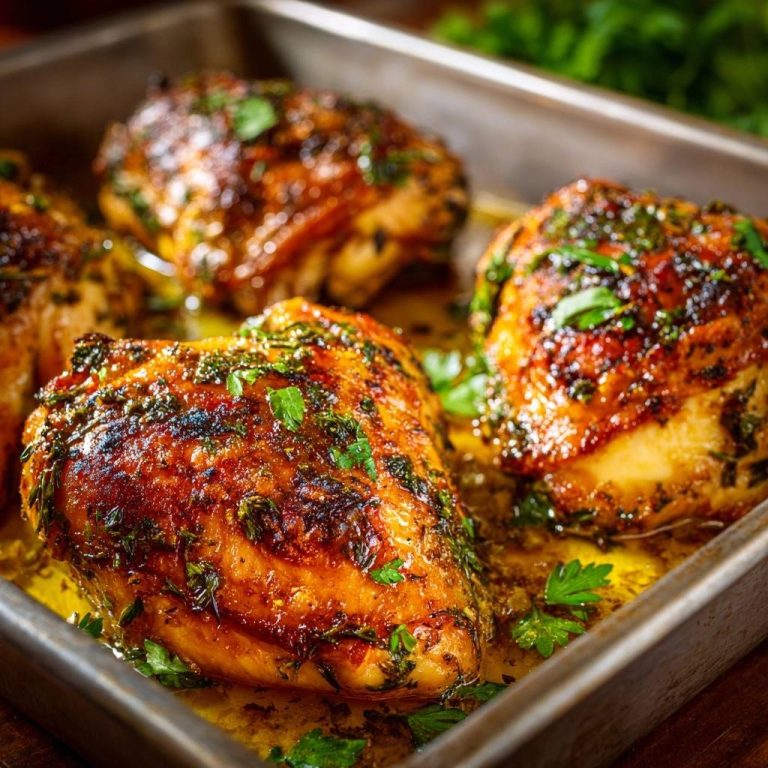Crispy herb roasted chicken thighs glistening in a baking pan with fresh parsley garnish.