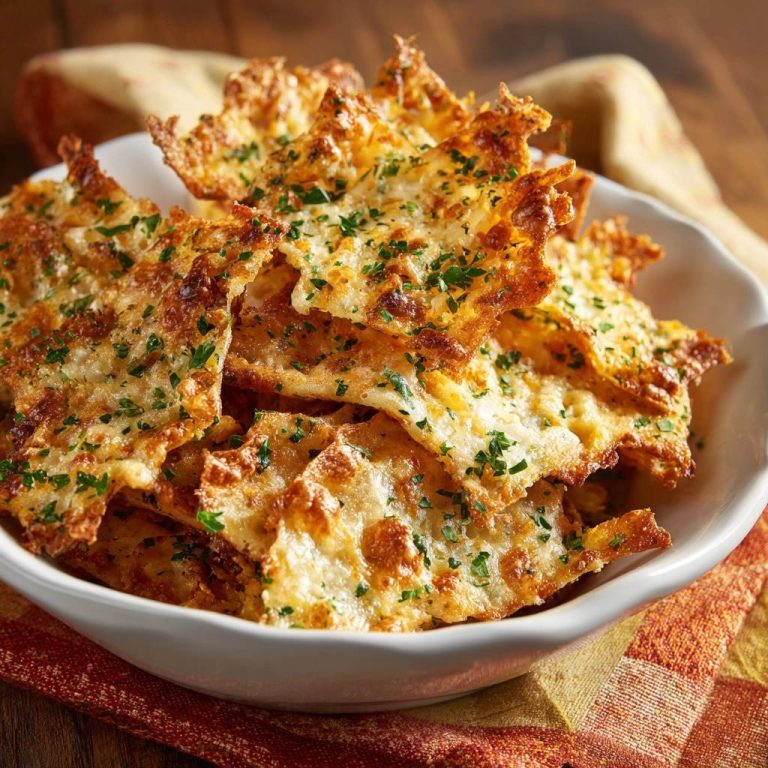 Crispy Parmesan Cheese Crisps are piled high in a white bowl, sprinkled with fresh parsley.