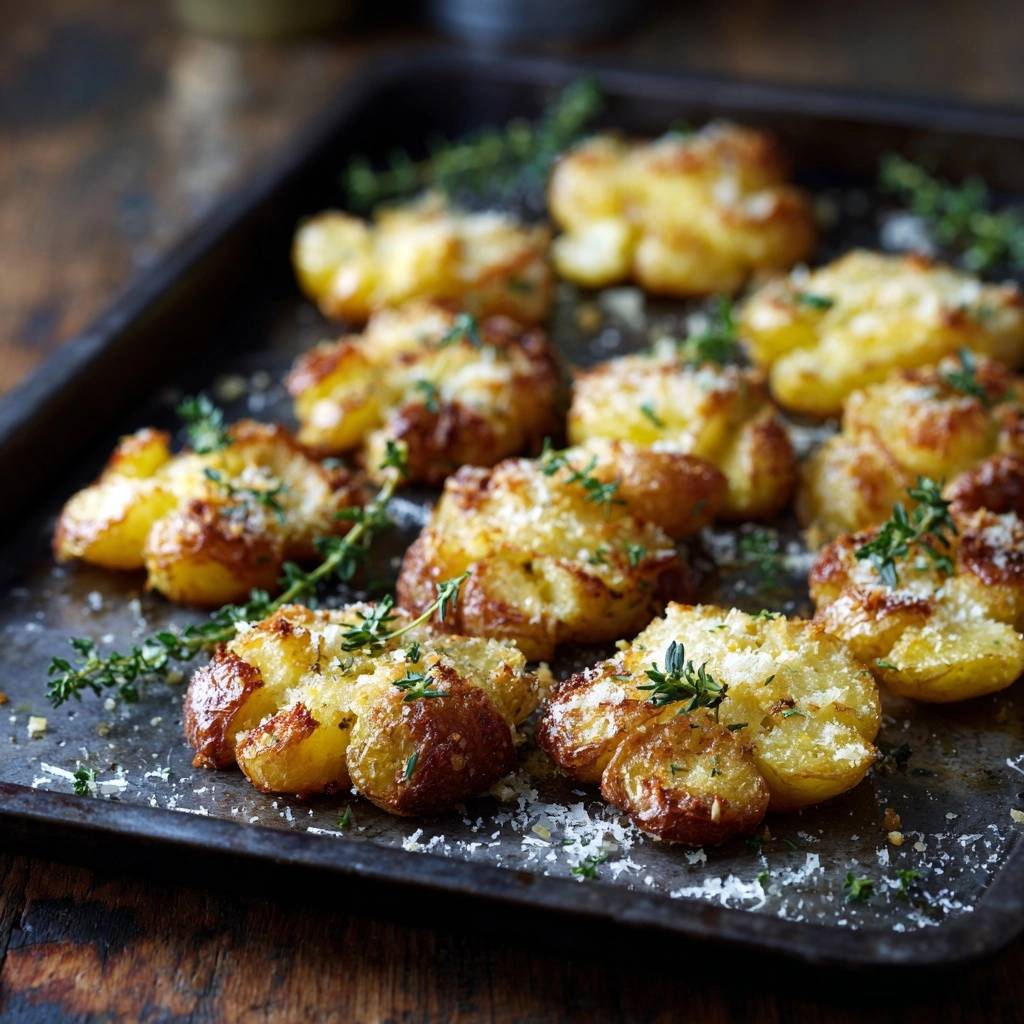 Crispy Parmesan Smashed Potatoes scattered on a dark baking sheet with fresh thyme and grated cheese.