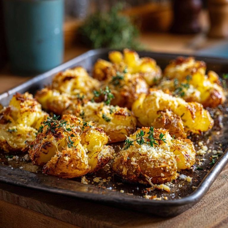 Crispy Parmesan Smashed Potatoes are baked golden brown on a sheet pan and garnished with fresh thyme.