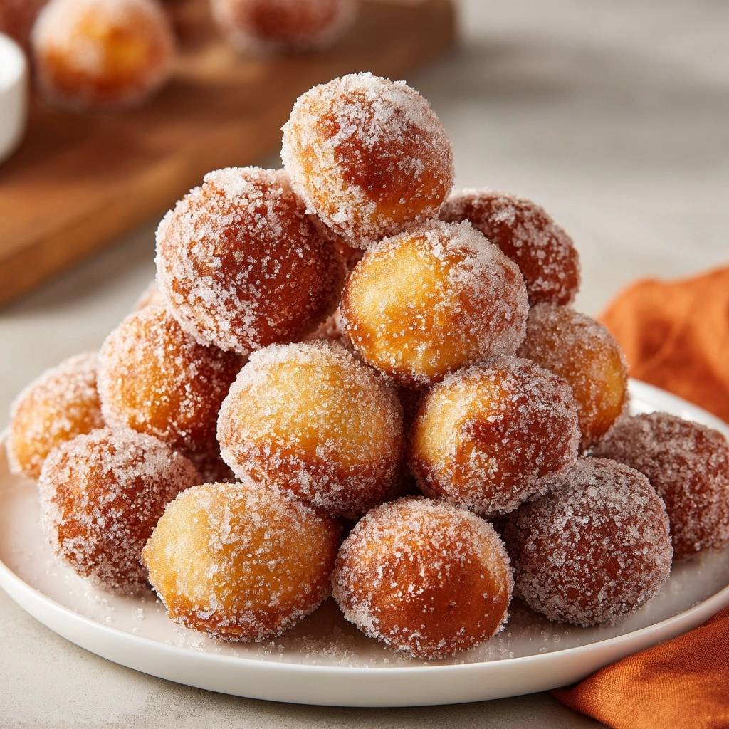 Crispy powdered sugar donut holes piled high on a white plate, showcasing their textured sugar coating.