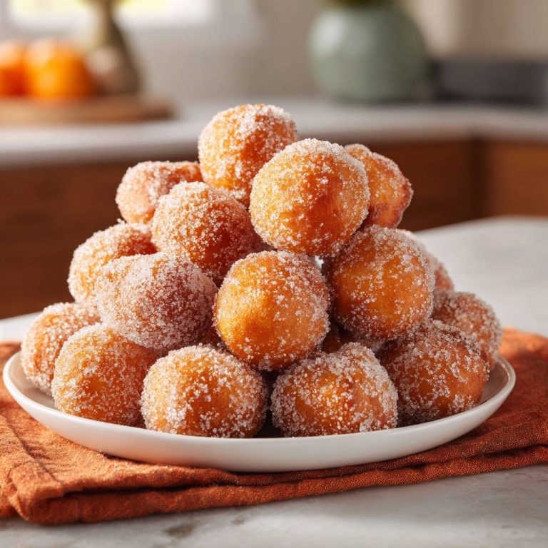 Crispy powdered sugar donut holes piled high on a white plate, showcasing a detailed close-up view of their sugary coating.
