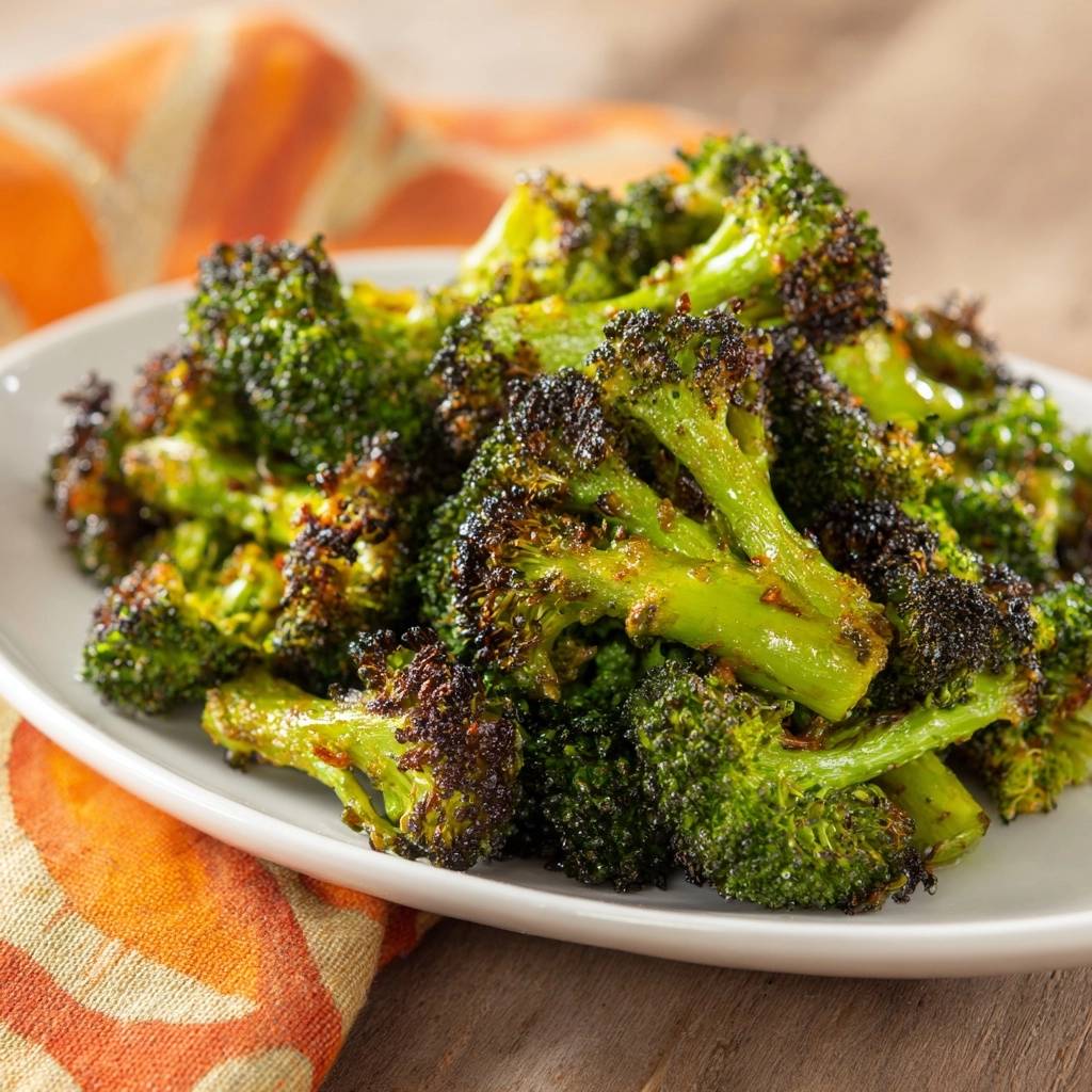 Crispy roasted broccoli showing a close-up view of its textured florets and charred edges.