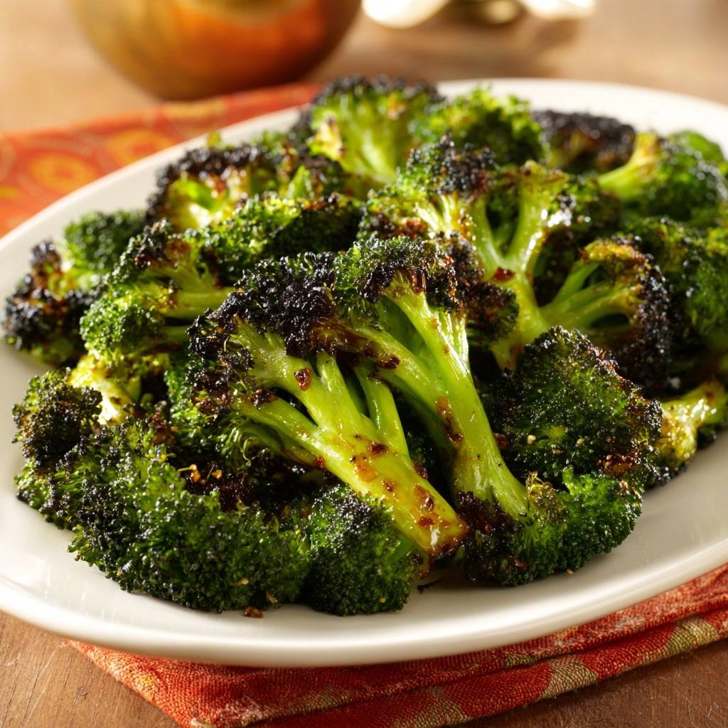 Crispy roasted broccoli features detailed, slightly charred florets glistening with seasoning on a white plate.