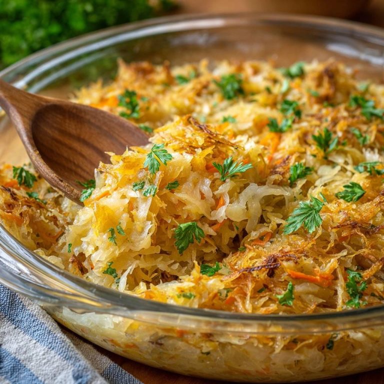 Crispy roasted cabbage and carrots being served from a glass dish with a wooden spoon, garnished with parsley.