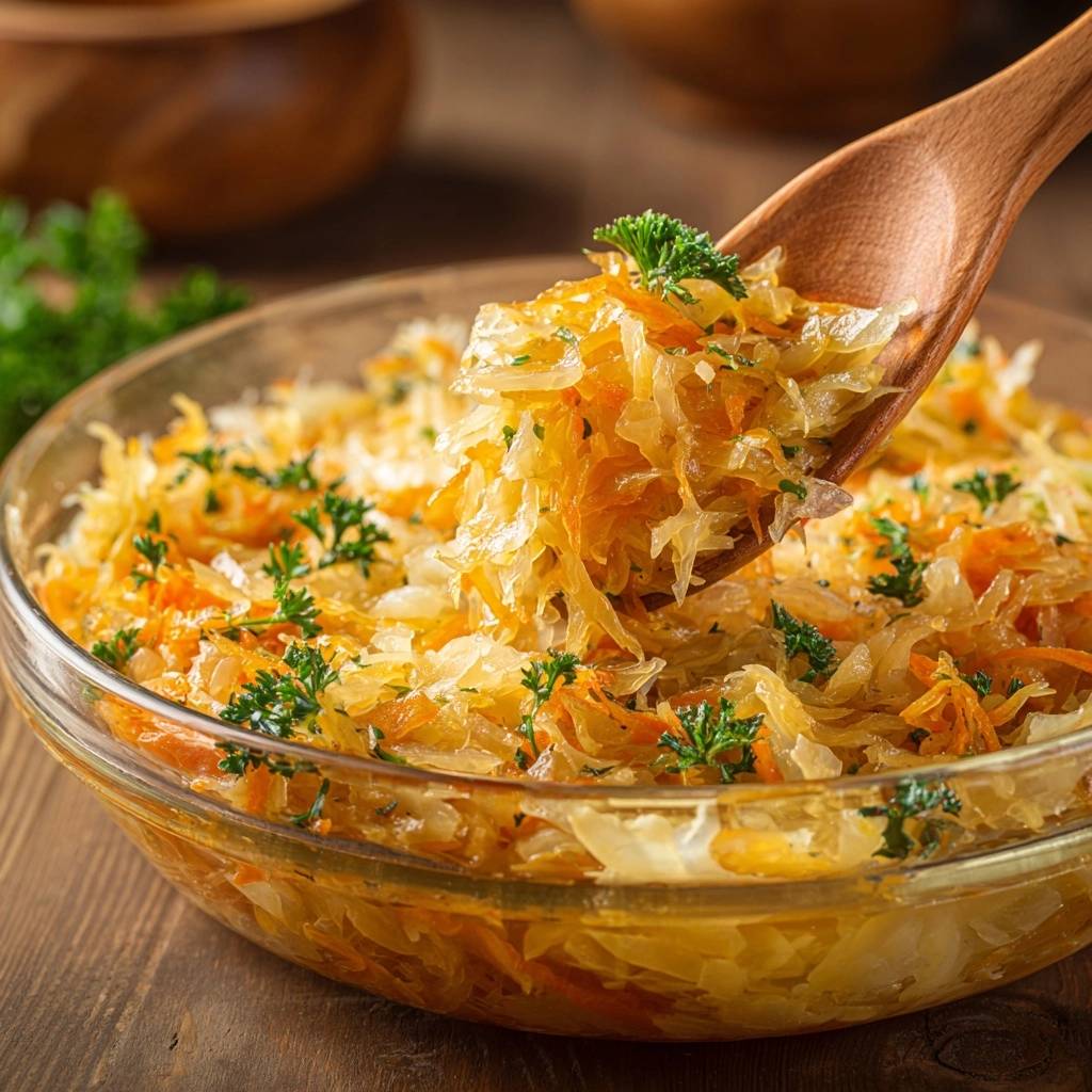 Crispy roasted cabbage and carrots being lifted from a glass bowl with a wooden spoon, garnished with parsley.