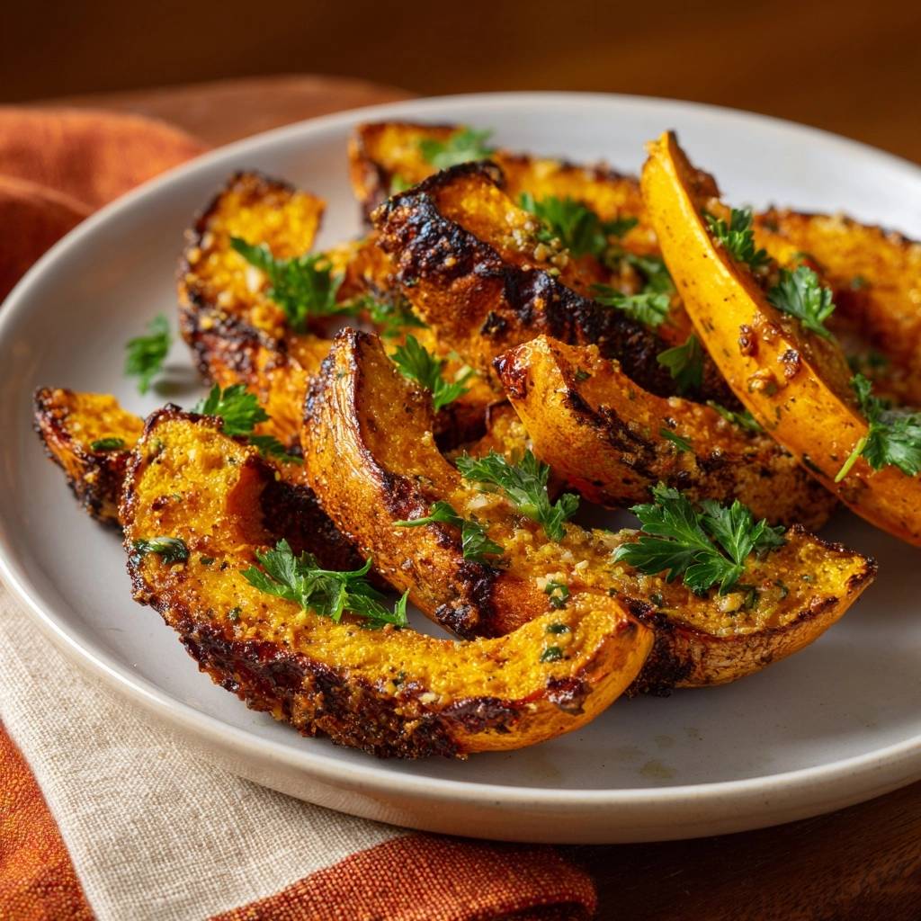 Crispy roasted squash wedges close-up, glistening with a herb and garlic garnish, served on a white plate.