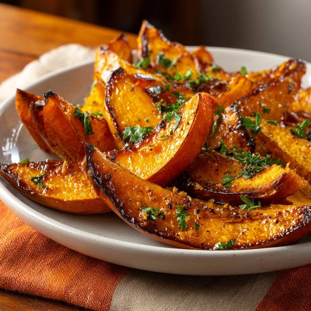 Crispy roasted squash wedges generously garnished with fresh parsley in a white bowl, highlighting their caramelized edges.