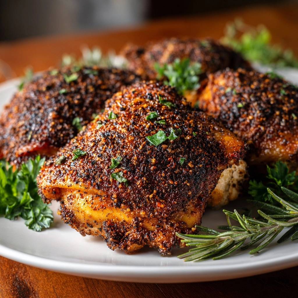 Crispy spice-rubbed chicken thighs plated and garnished with fresh parsley and rosemary sprigs.