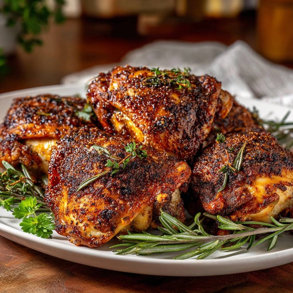 Crispy spice-rubbed chicken thighs served on a platter adorned with fresh rosemary and parsley sprigs.