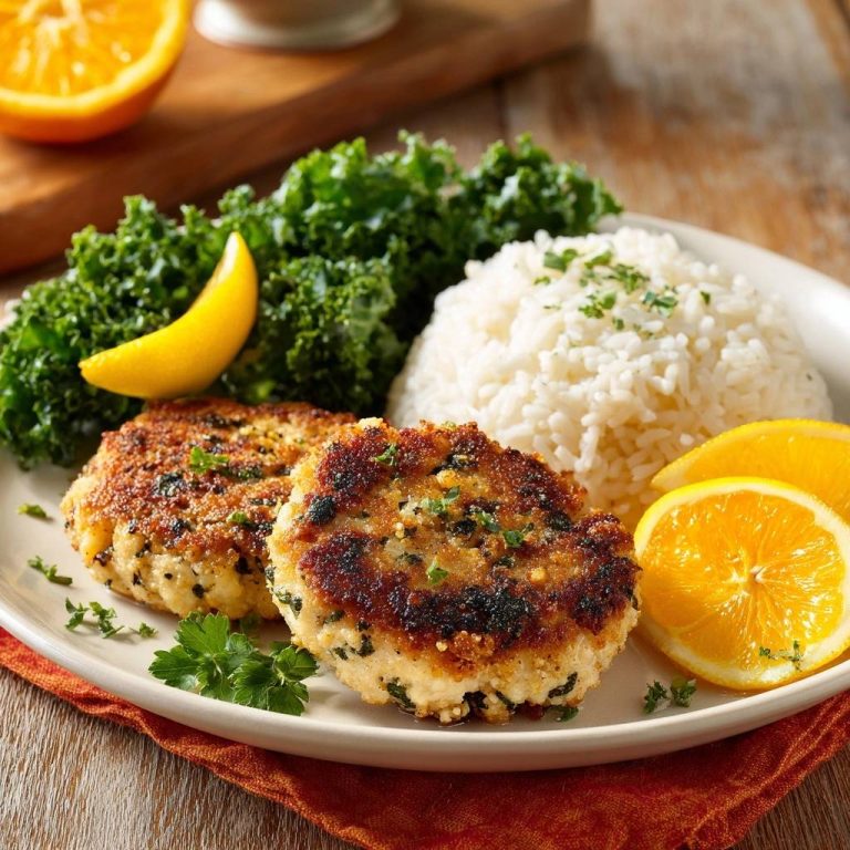 Crispy spinach crab cakes with kale rice served on a white plate with orange slices and lemon wedge.