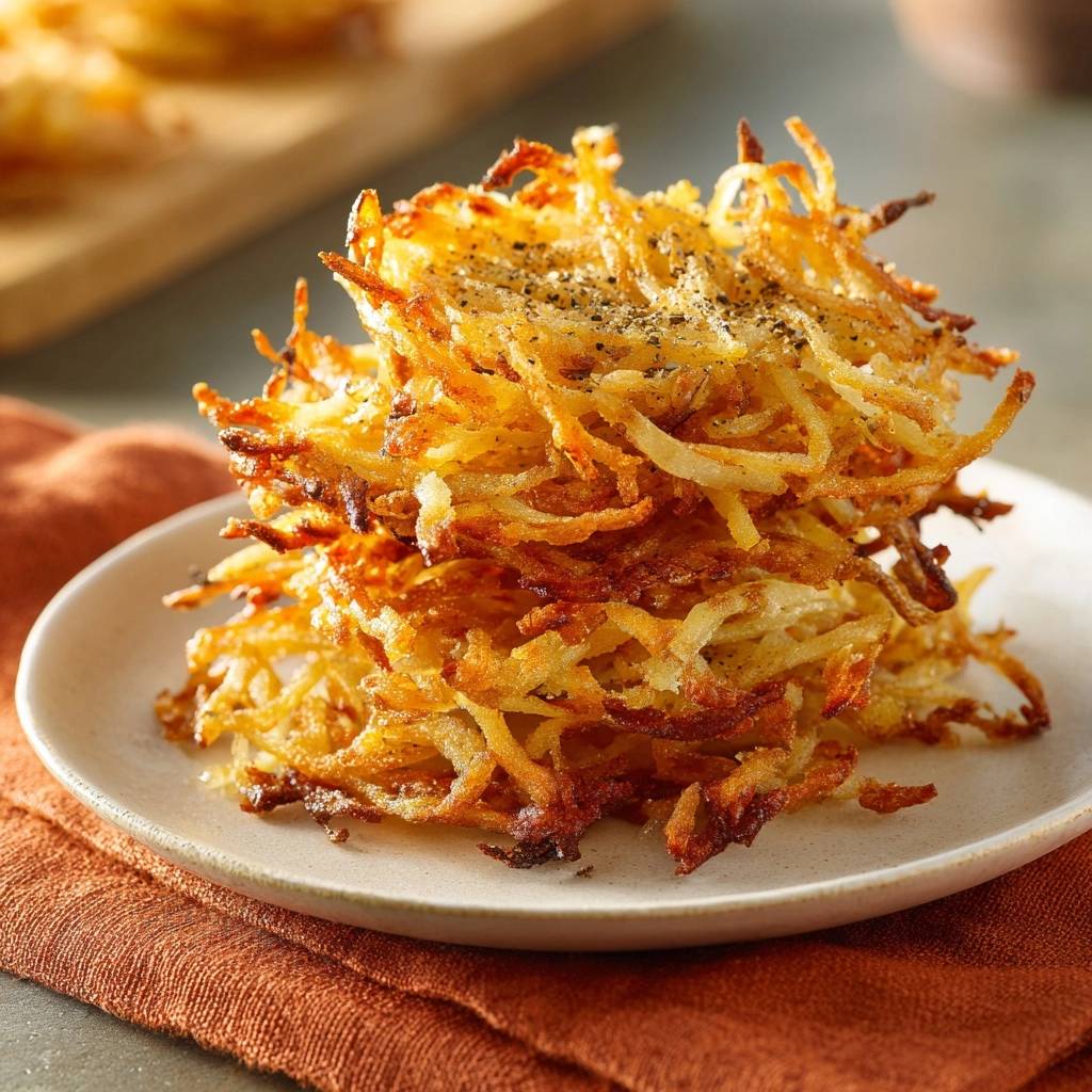 Crispy stackable hash browns piled high on a white plate, seasoned with black pepper.