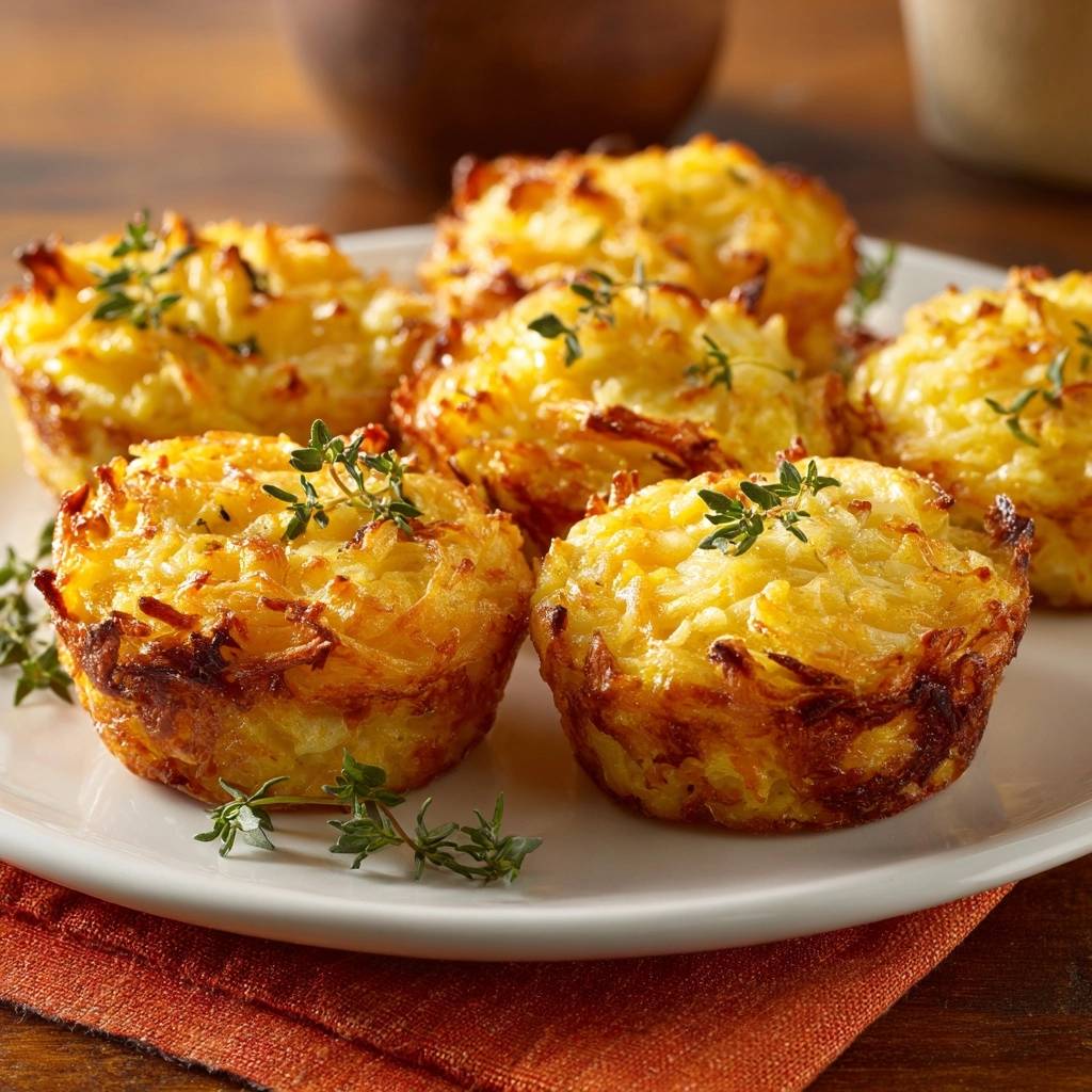 Crispy thyme potato nests are presented on a white plate, garnished with fresh thyme sprigs for an appealing visual.