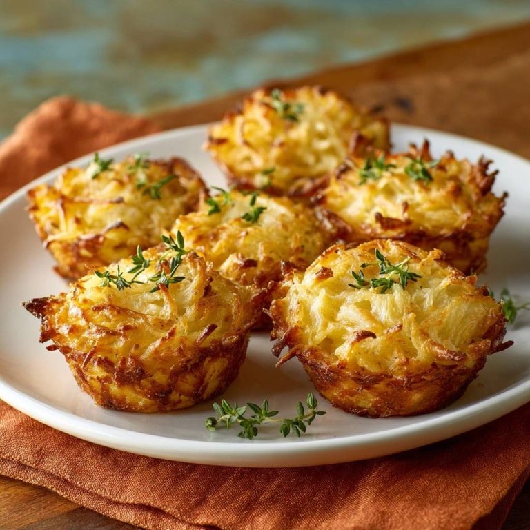 Crispy Thyme Potato Nests are artfully arranged on a white plate, garnished with fresh thyme sprigs.
