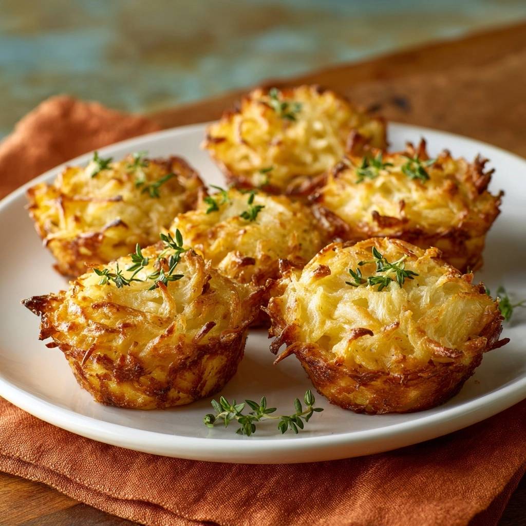 Crispy Thyme Potato Nests are artfully arranged on a white plate, garnished with fresh thyme sprigs.