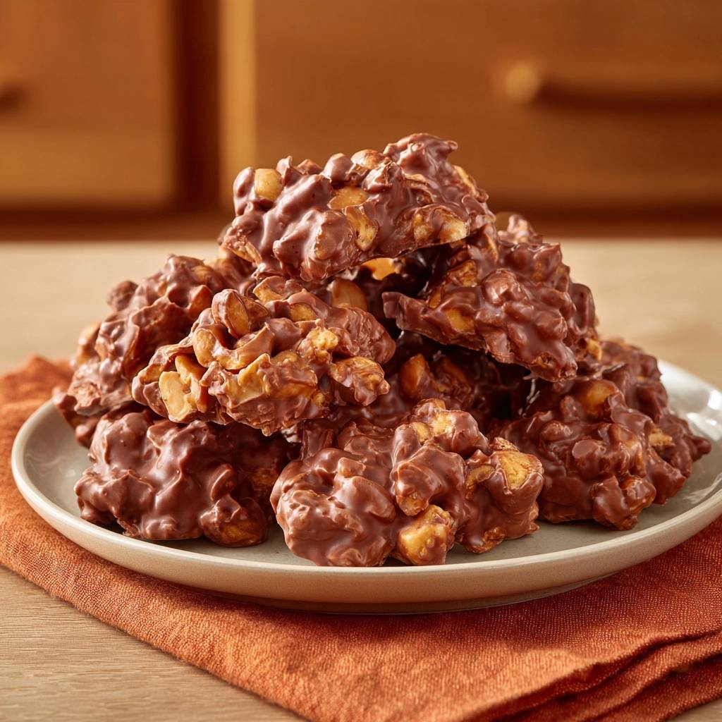 Crunchy chocolate peanut clusters piled high on a rustic plate, showing their textured, nutty appearance.