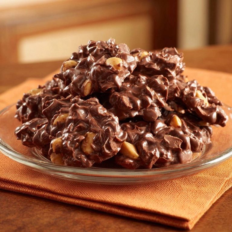 Crunchy chocolate peanut clusters piled high on a clear glass plate, showcasing their rich texture.