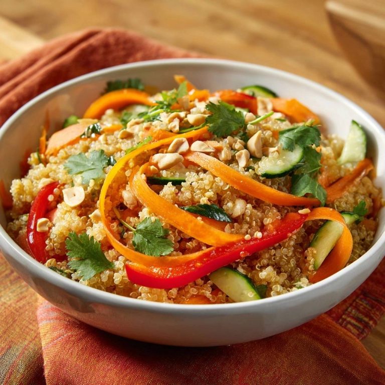 Crunchy Peanut Quinoa Salad shown in a white bowl with a close-up view highlighting the colorful vegetables and peanut garnish.