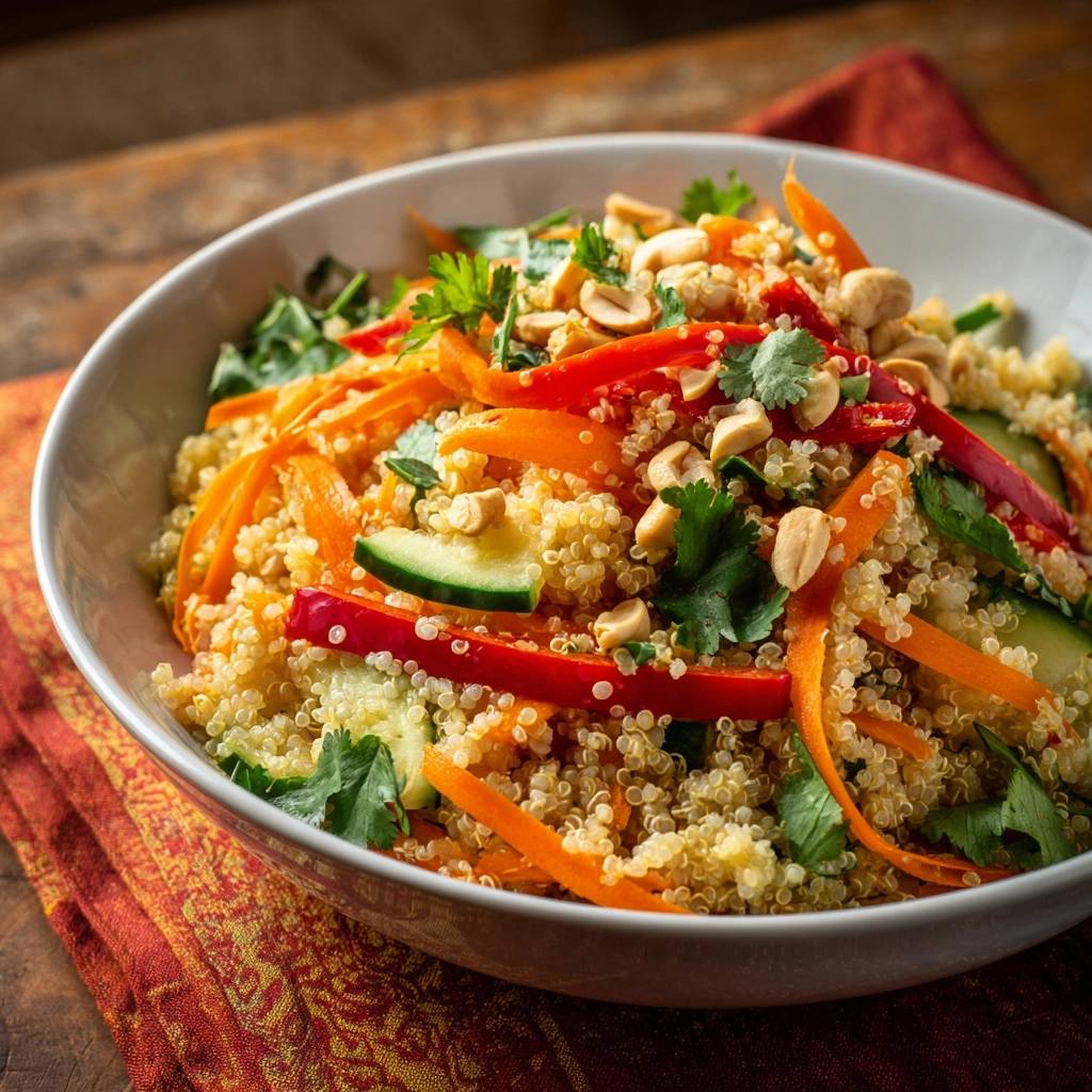 Crunchy peanut quinoa salad featuring fluffy grains and a generous topping of chopped peanuts.