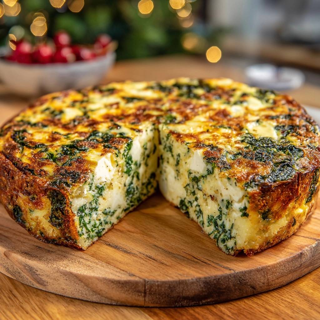 Crustless spinach feta quiche showcasing a fluffy interior cross-section with visible feta cheese and greens.
