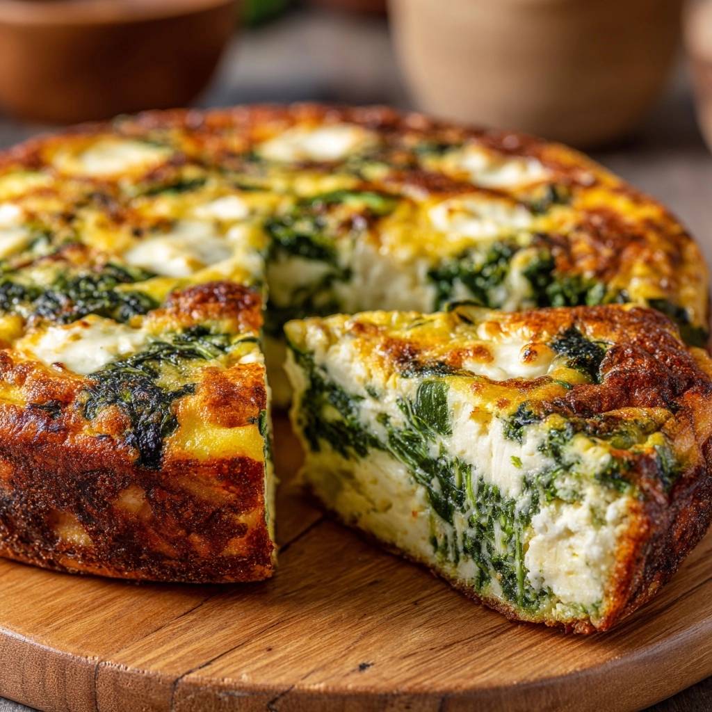 Crustless spinach feta quiche showing a fluffy cross-section with layers of egg and greens.