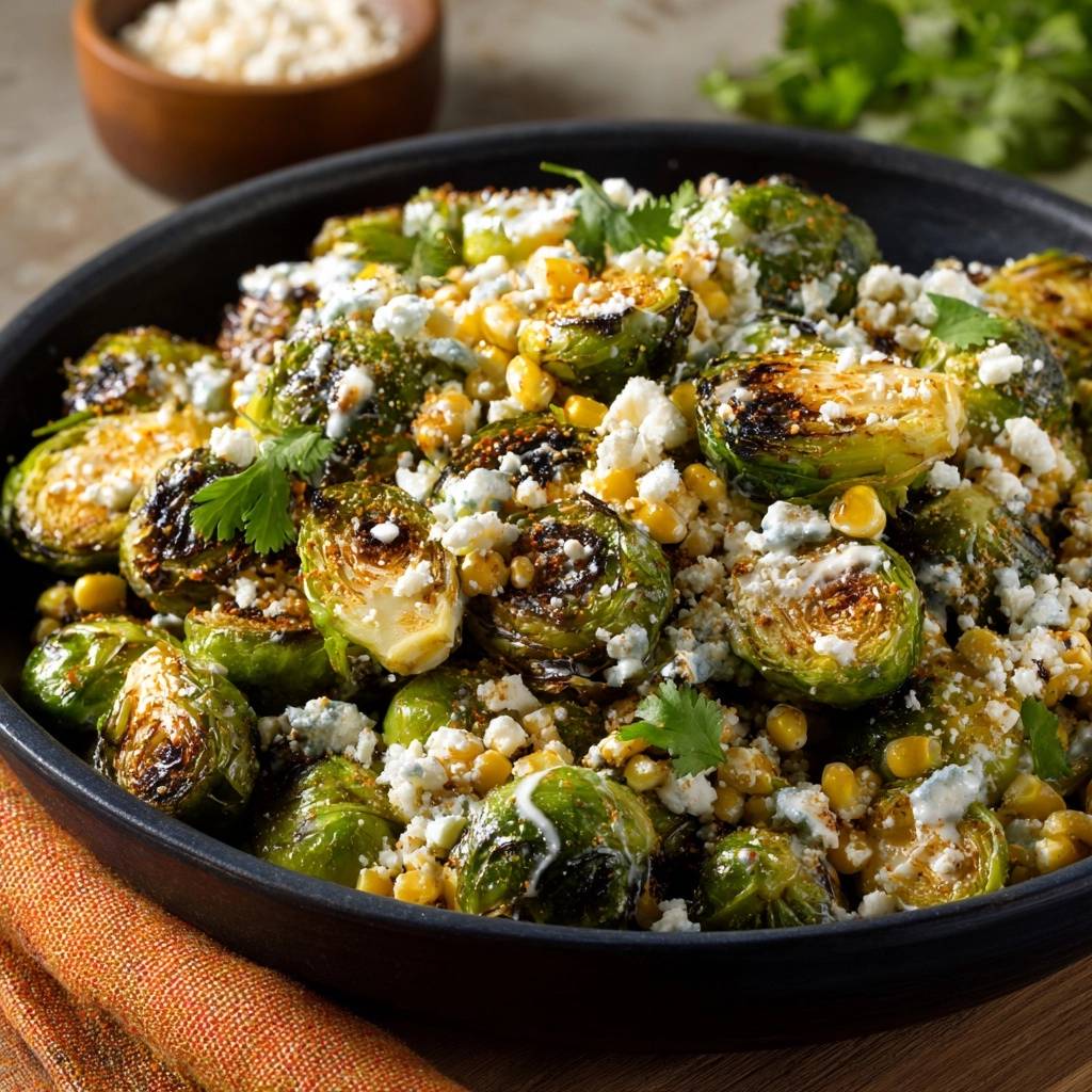 Elote-style roasted Brussels sprouts topped with crumbled cheese, corn, and cilantro in a dark bowl.