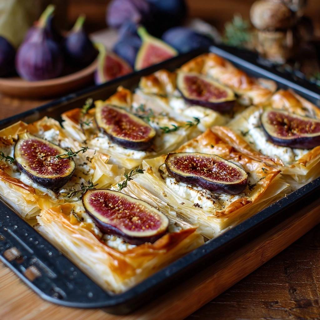 Fig and goat cheese phyllo tart baked in a pan, showcasing flaky pastry and fresh fig halves.