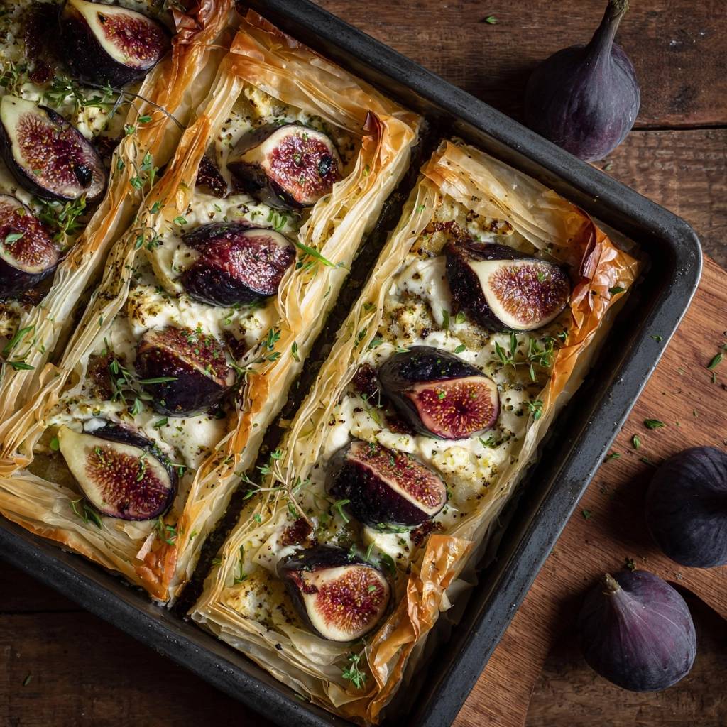 Fig and goat cheese phyllo tart presented in a baking tray with a top-down view, showcasing layered pastry and fresh figs.
