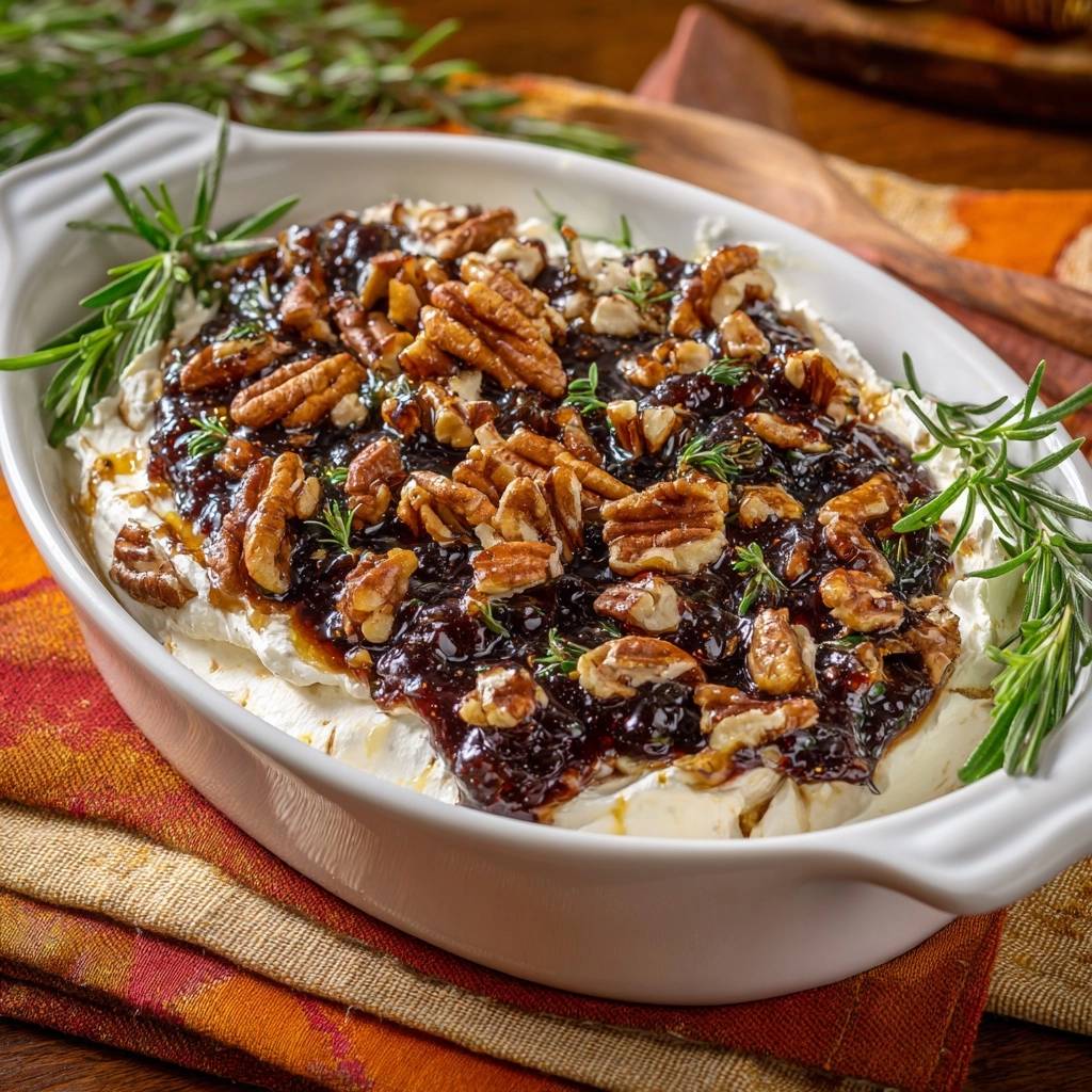 Fig walnut baked brie with a close-up view of the crunchy pecan and fig topping.
