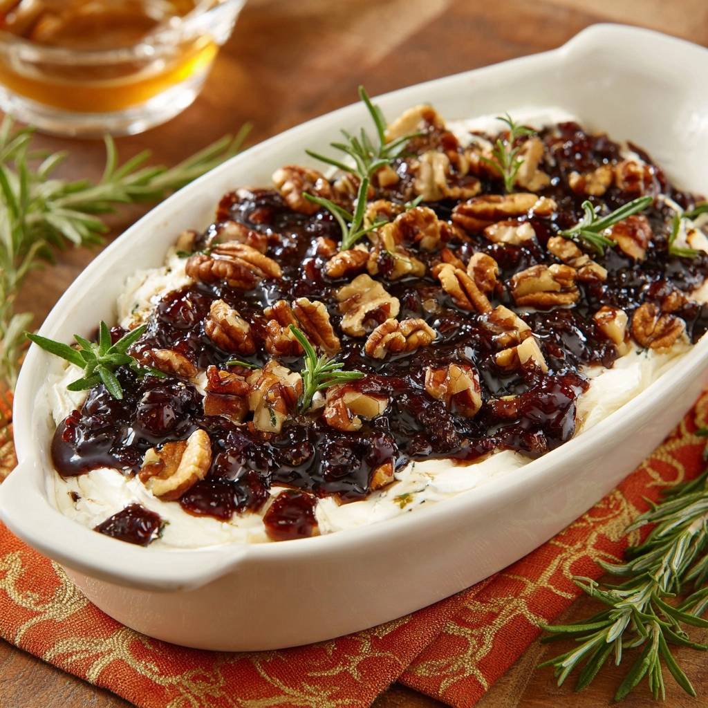 Fig walnut baked brie with a close-up view of the rich topping and fresh rosemary garnish.