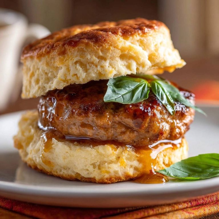 Flaky biscuit honey-glazed beef patties with a close-up view of the glistening glaze and fresh basil garnish.