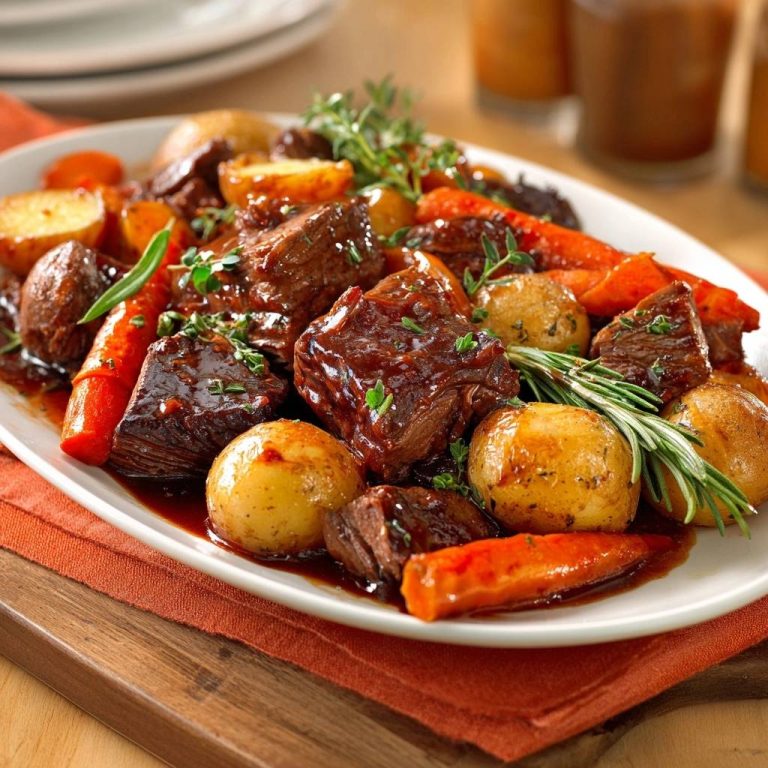 Fork-tender beef stew plated with potatoes and carrots, garnished with fresh herbs.