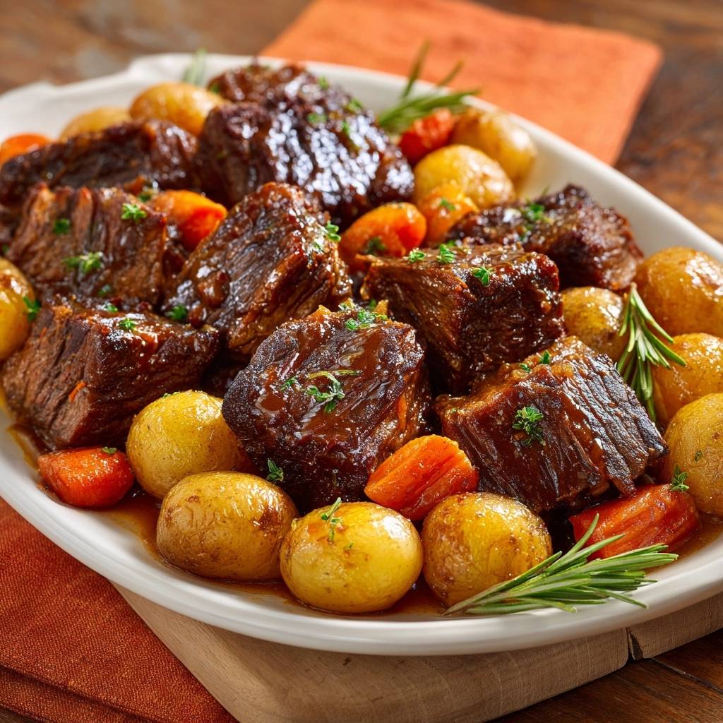 Fork-tender beef stew with potatoes and carrots served on a white platter, garnished with rosemary.