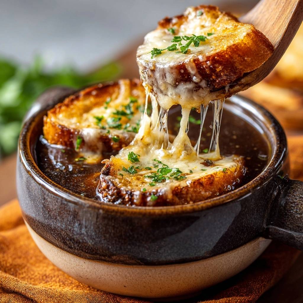 French onion soup with a wooden spoon lifting a cheesy crouton, showing a dramatic cheese pull.