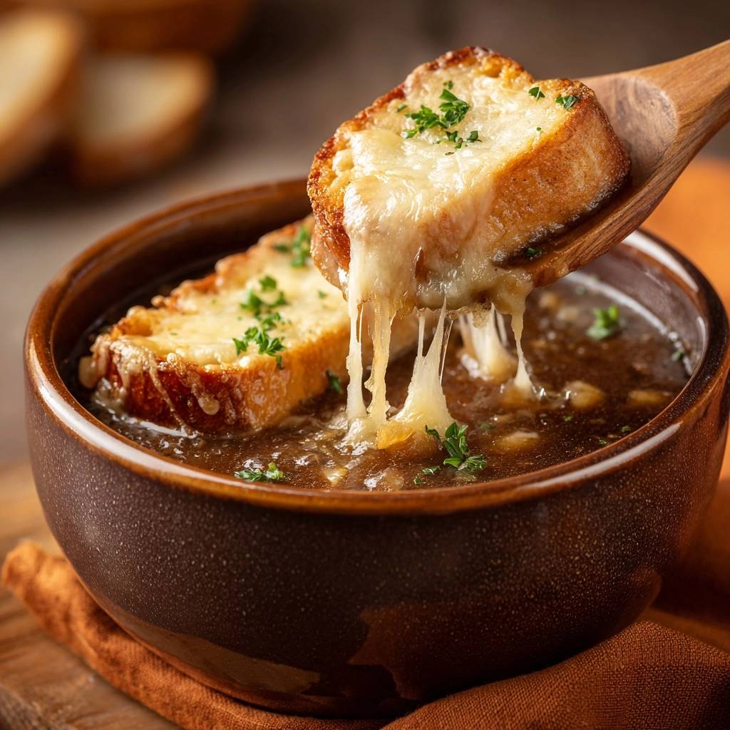 French onion soup with a cheesy crouton being lifted from the bowl on a wooden spoon.