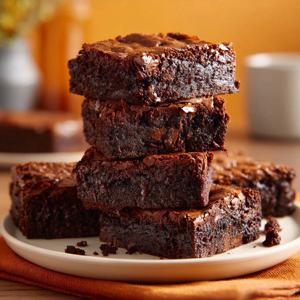 Fudgy chocolate brownies with dense moist texture stacked on a white plate with an orange napkin.