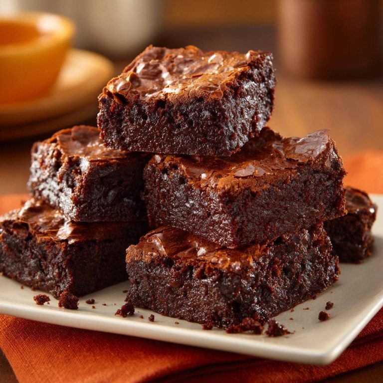Fudgy chocolate brownies with dense moist texture stacked in a pile on a plate.