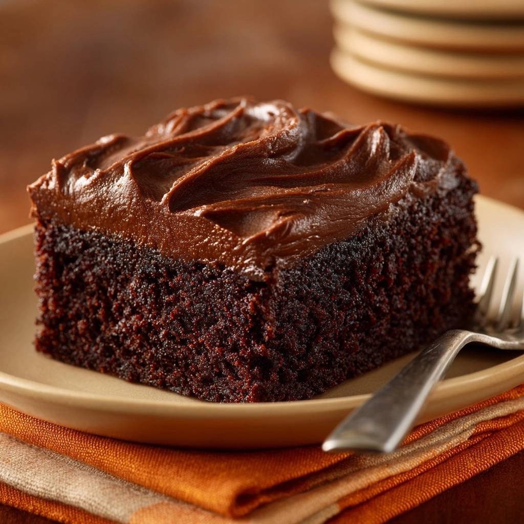 Fudgy chocolate cake single serving frosted with rich chocolate buttercream on a beige plate.
