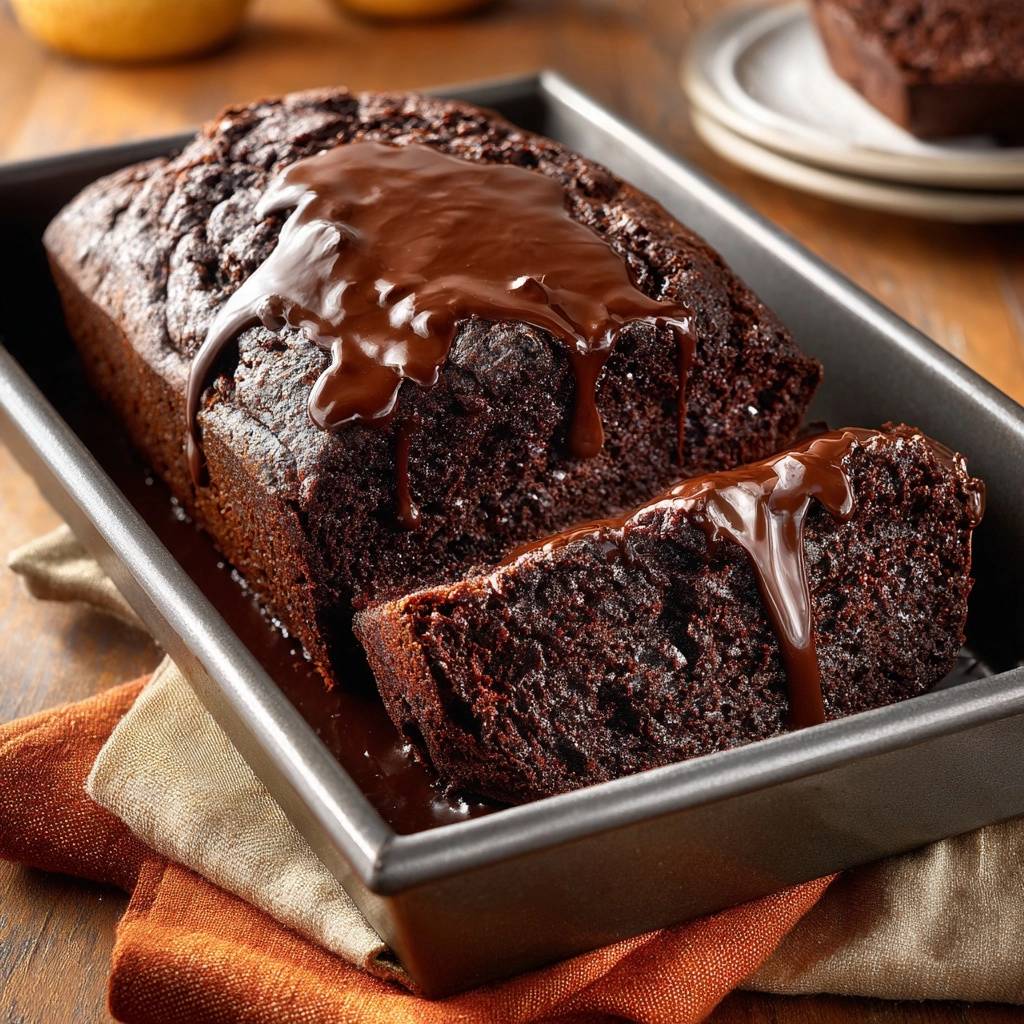 Fudgy chocolate ganache loaf cake sliced in pan with rich chocolate glaze dripping down the sides.