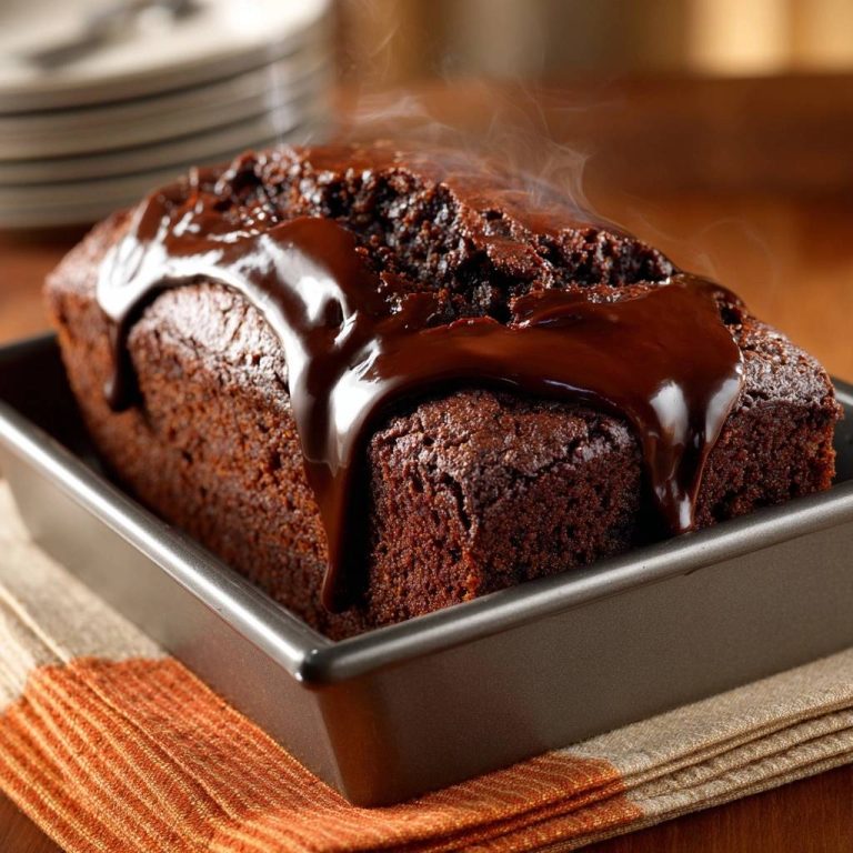 Fudgy chocolate ganache loaf cake, freshly baked and steaming in a loaf pan with rich chocolate ganache drizzle.