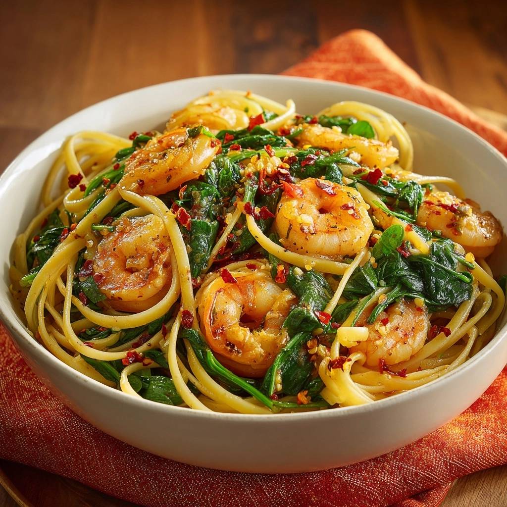 Garlic shrimp spinach pasta served in a white bowl with red pepper flakes sprinkled throughout.